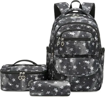 Produktbild von Schulrucksack Mädchen 3 Stk mit Lunchtasche Federmäppchen, Atmungsaktives Leichtgewicht Schultasche Teenager Mädchen, schwarz