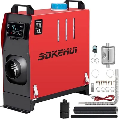 Obrázek produktu pro 12V dieselová parkovací topení, 8kW dieselový ohřívač vzduchu, 0,18-0,48 kW, vzduchové dieselové topení, dieselový ohřívač vzduchu pro automobily, karavany, lodě, nákladní vozy, obytné vozy, autobusy, včetně tlumiče hluku (černá a červená)