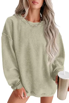 Produktbild von QIXING Damen Sweatshirt Oversize Pullover Rundhals Baumwollpullover Langarm Cord