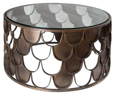 Image de Table basse METRIX ronde 60 cm bronze avec structure effet écaille – Table basse design en métal et verre trempé