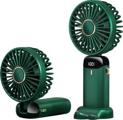 Zdjęcie produktu dla Przenośny mini wentylator N15 z wyświetlaczem LED, 5 prędkości nawiewu, odchylany o 90 stopni, może służyć jako uchwyt na telefon komórkowy, z paskiem na szyję (wbudowany akumulator litowy), zielony