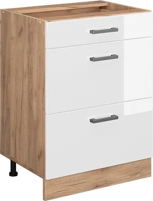 Produktbild von Vicco Küchenunterschrank R-Line, 60 cm mit Schubladen, ohne Arbeitsplatte, Weiß Hochglanz/Goldkraft Eiche
