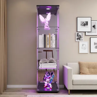 Immagine prodotto di UnboxG Vetrina a pavimento, vetrina a 4 strati, porte, lampada a LED e serratura con retro a specchio Vetrina a pavimento, mobile da soggiorno per oggetti da collezione e libri, nero