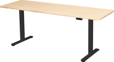 An adjustable height desk with a light wood top and black metal legs, shown against a white background.