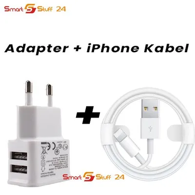 A white USB wall adapter with two ports and a white iPhone charging cable are shown against a white background.
