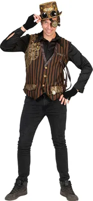 Produktbild von Steampunk Weste Stanley braun/schwarz gestreift mit Zahnrädern und Ketten Größe 56-58
