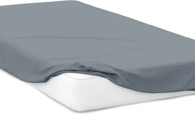 A gray fitted sheet is shown on a white mattress.