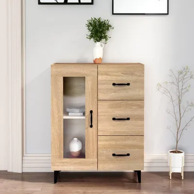 A sideboard with a glass door and drawers, decorated with a vase and a plant.