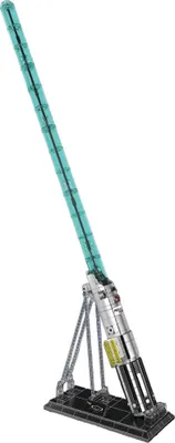 A model of a lightsaber on a display stand.