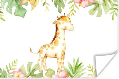 Produktbild von MuchoWow® Poster Giraffe - Dschungel - Blumen - Aquarell 180x120 cm - Fotoplakat