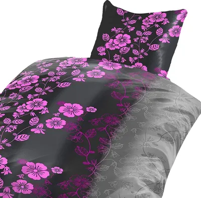Produktbild von 2-teilig Bettwäsche-Set Bettgarnitur Bettbezug Übergröße 155x220 cm Kissenbezug 80x80 cm Mikrofaser Plüsch Fleece NEU Warm Weich Floral Geblümt Lila Schwarz