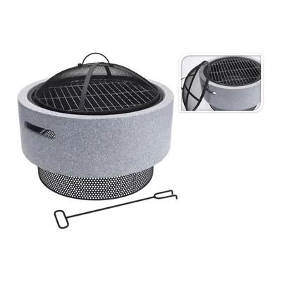 A round, light gray fire pit with a black grill and a black poker.