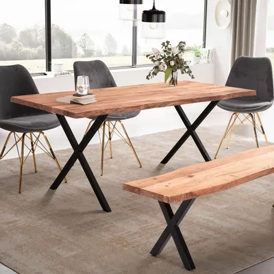 Produktbild von WOHNLING Esszimmertisch 140x80x76 cm Akazie Massivholz / Metall Esstisch Baumkante Küchentisch Massiv mit X-Beinen in Schwarz Holztisch Speisetisch