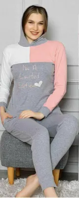 Produktbild von Damen Pyjama mit Kapuze Schlafanzug Hellgrau S  Lang 2-Teiler Set L-73