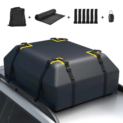Productafbeelding van Famanu – Dakkoffer voor auto, waterdicht, met 6 deuropzetstukken, cijferslot, antislipmat en draagtas, opvouwbare bagagebox voor auto's, 420 liter