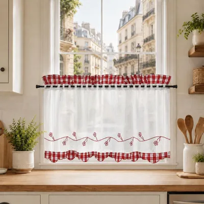 Image de Rideau de cuisine court, rideau de café transparent avec broderie rouge, 45 x 90 cm, pour intérieur, salon, chambre, fenêtre