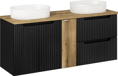 Produktbild von Badezimmerset 140 cm mit schwarzer Front und Eichenplatte - Funktionalität und Design in einem