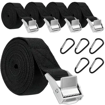 Image de Sangles de tension avec mousqueton, lot de 5, 25 mm x 1,5 m, couleur noire, capacité de charge de 200 kg