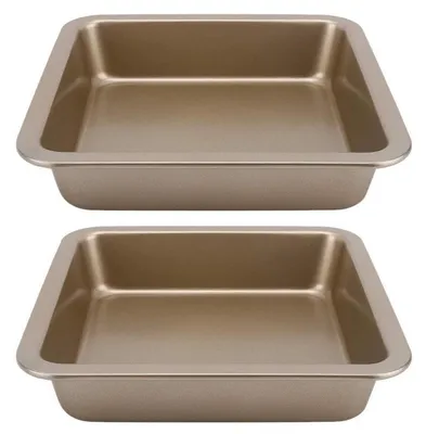 Image de 2 moules à pâtisserie antiadhésifs, plaque de cuisson carrée, 22,5 x 22,5 x 4,6 cm, couleur or, en acier au carbone