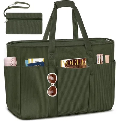 Produktbild von Strandtasche mit Reißverschluss 45L aus Kord dunkelgrün mit Nass-/Trockenfach und mehreren Taschen