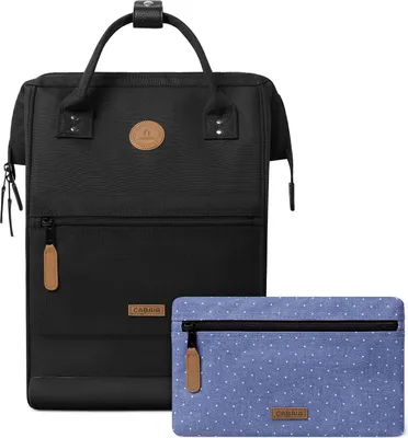 A black backpack and a blue polka dot pouch are displayed against a white background.