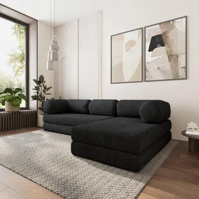 Produktbild von Masseno Ecksofa KELI mit Schlaffunktion, Modulares Schlafsofa aus Schaumstoff, Klappbares Bodensofa - Schwarz, QUELLE 100