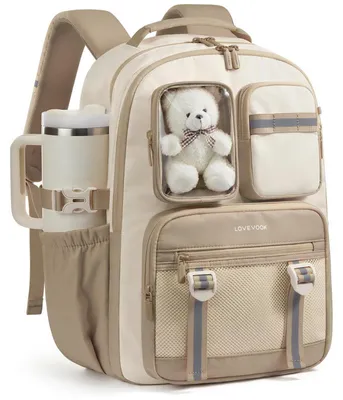 Immagine prodotto di Zaino per ragazze, adatto a bambine e adolescenti dai 7 ai 16 anni, con orsetto in peluche e scomparto per laptop da 15,6 pollici, colore kaki-beige
