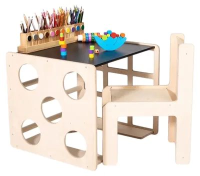 Immagine prodotto di Set Montessori 2-in-1 GINGER HOME: tavolino per bambini con sedia e cubi impilabili, tavolino attività, legno naturale, 57 x 50 x 55 cm