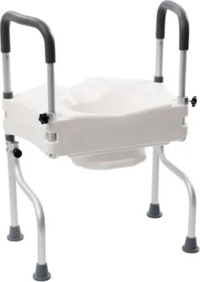A white toilet seat riser with armrests and legs, shown against a white background.