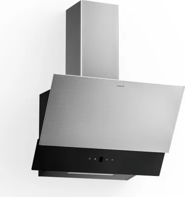 A modern kitchen range hood is shown against a white background.