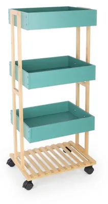 Image de Chariot de service Relaxdays, bambou et MDF, chariot de cuisine à 4 étages, chariot à roulettes, cuisine et salle de bain, dimensions : 88 x 40 x 30 cm, naturel/menthe