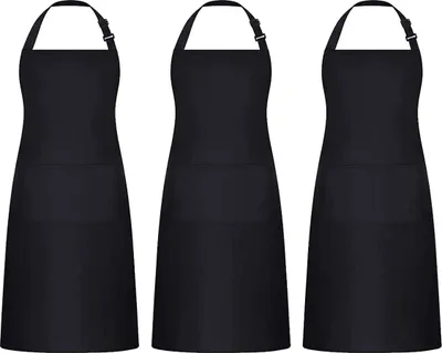 Produktbild von 3 verstellbare Schürzen mit Taschen, Kochschürzen, Küchenschürzen, Küchenschürzen, verwendet in Küchen, Restaurants und Cafés (schwarz, Baumwolle)