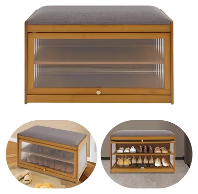 Produktbild von Eingangsbereich Schuhbank, Bambus- und MDF-Konstruktion, gepolsterte Sitzfläche, 2-stufiger Schuhregal, Tragfähigkeit von 75 kg, platzsparendes Design