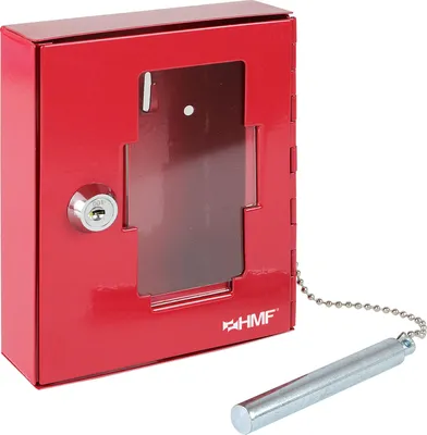 A red emergency key box with a clear window and a silver pull chain attached.