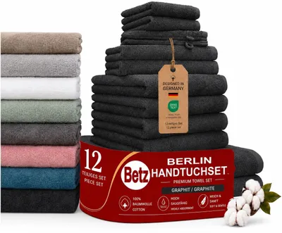 Produktbild von Betz Berlin Handtuch-Set 12-teilig – 100% Baumwolle – ® – Duschtücher, Handtücher, Gästetücher & Waschhandschuhe Farbe Graphit