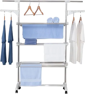 Produktbild von 23 m Wäscheständer Wäscheturm | 3‑Stufig, 6 Flügel, höhenverstellbar, mobil, Stahlblech & Kunststoff, Indoor & Outdoor, 6 Räder, Teleskopstange