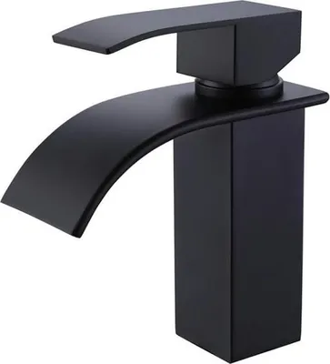A black waterfall-style bathroom faucet is shown against a white background.