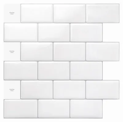 Image de Lot de 10 carreaux autocollants pour la protection contre les éclaboussures dans la cuisine et la salle de bains, 30,5 x 30,5 cm, blanc éclatant