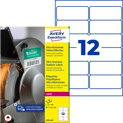 Produktbild von Avery Zweckform L7913-40, Ultra-Resistente Folien-Etiketten, A4, 99,1 x 42,3 mm, 480 Etiketten / 40 Bögen, weiß