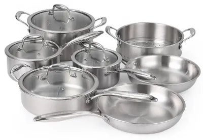 Produktbild von Topf- und Pfannenset - 11-teiliges Kochgeschirr Set - Tri-Ply 304 Edelstahl - Für Induktion geeignet - Mit Dämpfeinsatz und Glasdeckeln - Silber
