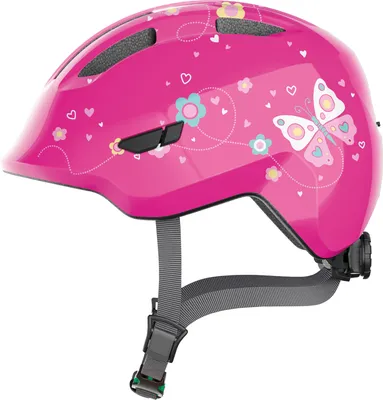Produktbild von ABUS Kinderhelm Smiley 3.0 - Fahrradhelm mit tiefer Passform, kindergerechten Designs & Platz für einen Zopf - für Mädchen und Jungs - Pink mit Schmetterlings-Muster, Größe M (50-55 cm)