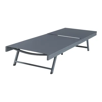 A gray chaise lounge with a metal frame is shown against a white background.