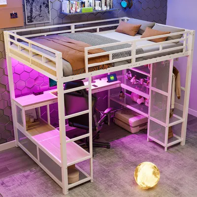 Image de Lit mezzanine en métal 140 x 200 cm, structure métallique robuste, avec bureau, rangements et éclairage LED, blanc