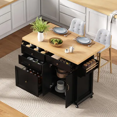 Produktbild von MODFU Kücheninsel Aufbewahrungsschrank mit Rollen und ausziehbarem Esstisch,Multifunktions Küchenwagen mit Multifunktions,RollenBuffetschrank mit schwarzen Metallgriffe ,Schwarz