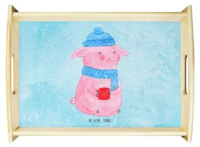 Produktbild von Mr. & Mrs. Panda Tablett Schweinchen Glühwein - Eisblau - Geschenk, Betrunken, Deko, Spruch, serviertablett holz, Weihnachtsmarkt, Weihnachten, Servier, Sofa, aus