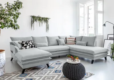 Produktbild von MIUFORM Charming Charlie - Ecksofa mit Bettfunktion und Bettkasten U-FORM RECHTS - 302x200cm - Hellgrau - Sofa Schlafsofa Couch