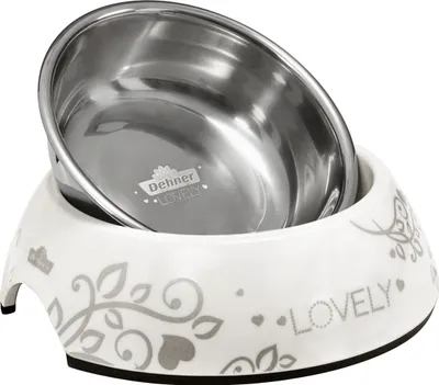 Produktbild von Dehner Premium Lovely Katzennapf, Ø 14 cm, Höhe 4.7 cm, 160 ml, spülmaschinenfest, Melamin/Edelstahl/Gummi, weiß