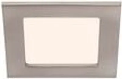 A close-up studio shot of a recessed LED light fixture with a brushed nickel frame and a white light panel.