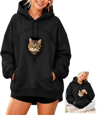 Produktbild von Damen Katzen Hoodie mit Tragetasche und verstellbarer Öffnung (Schwarz S)