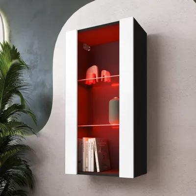 Produktbild von Komodee, Hängende Vitrine Schrank Tivoli, Weiß/Schwarz, Breite 50cm x Höhe 100cm 50cm x Tiefe 29cm, LED RGB, 2 Regalböden, für Wohnzimmer, Schlafzimmer, Eingang